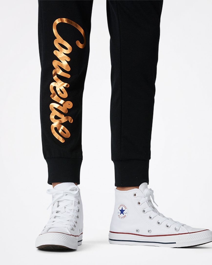 Calças Jogger Converse Shiny Wordmark Menina Pretas | PT O03P5T9